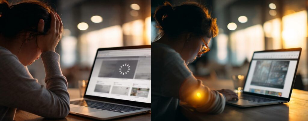 Comparaison avant/après la réparation : l'utilisateur attends le site qui ne charge pas. Après : l'utilisateur navigue normalement sur les pages du site.