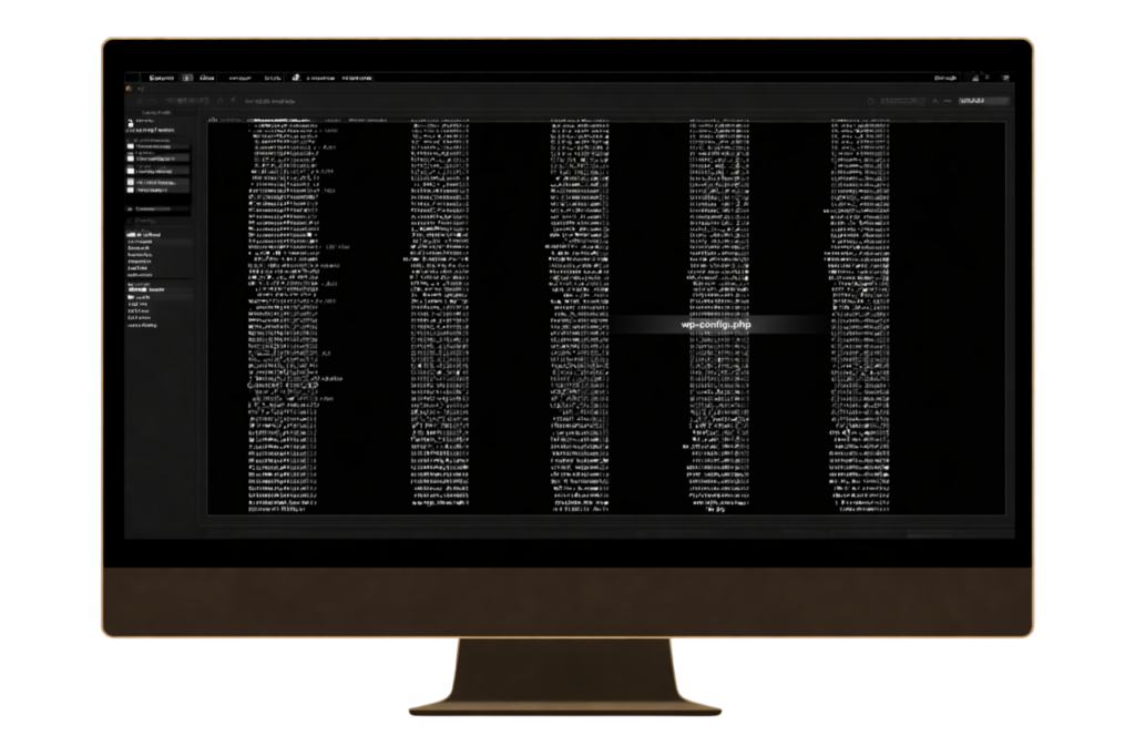 Code source PHP affiché sur un écran d'ordinateur, avec des lignes de données en texte blanc sur fond noir.