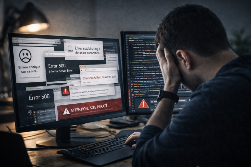 Personne frustrée devant des écrans affichant des messages d'erreur critiques et des alertes de site piraté.