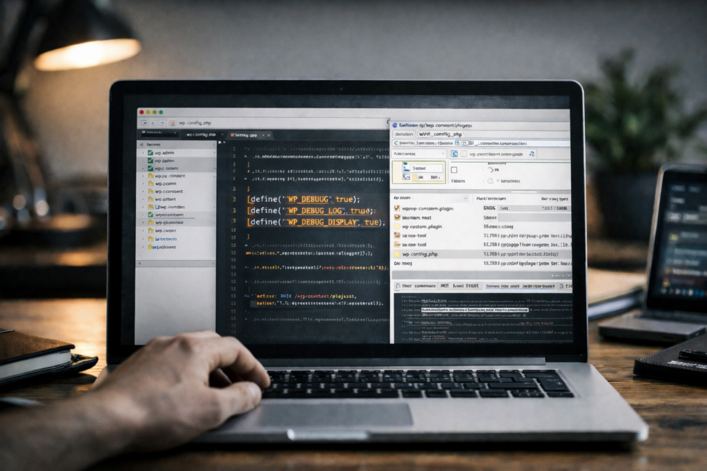 Main dans un plan de travail sur un ordinateur portable affichant un code PHP pour WordPress. Ambiance de bureau moderne.