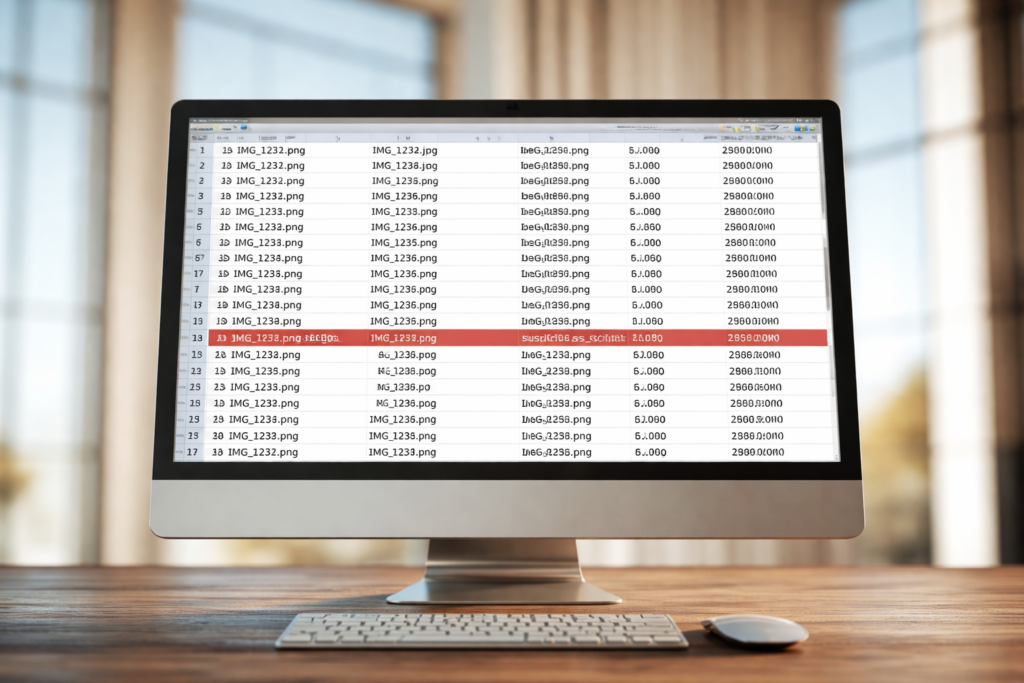 Écran d'ordinateur affichant un tableau de fichiers images avec des détails techniques.