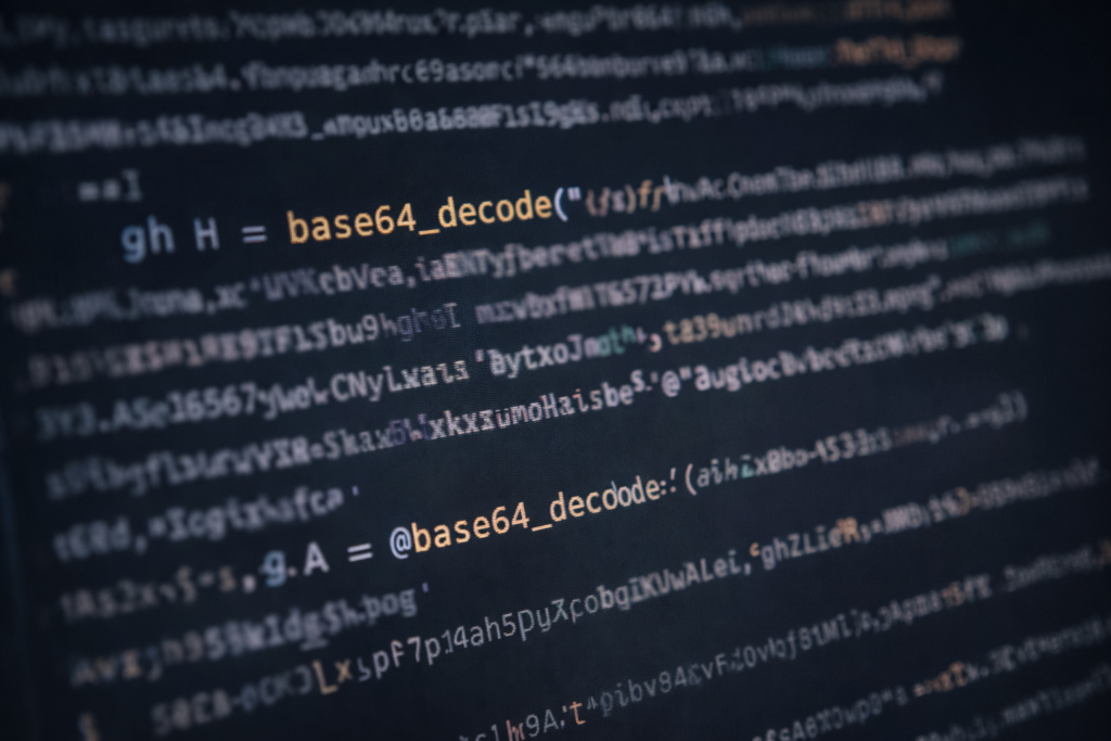 Code informatique affichant une fonction de décodage Base64, avec divers éléments de syntaxe.