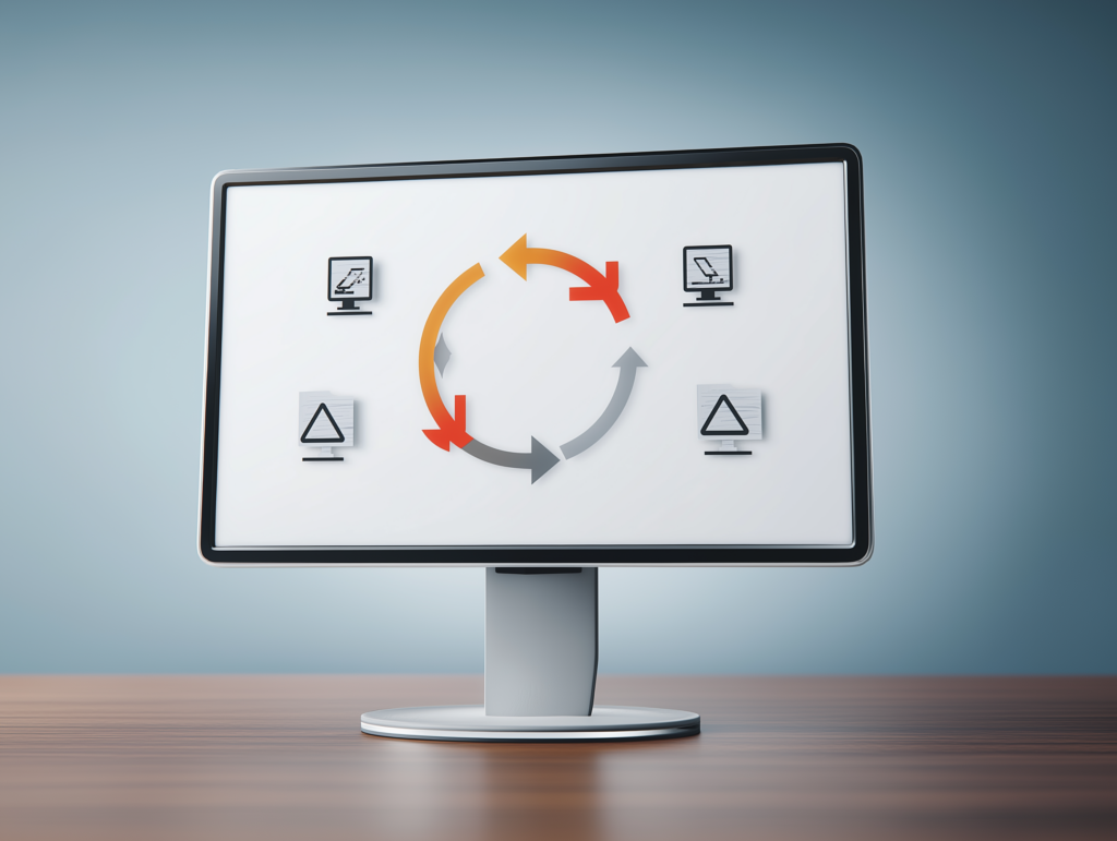 Écran d'ordinateur affichant un diagramme de flux avec des icônes illustrant des processus numériques.