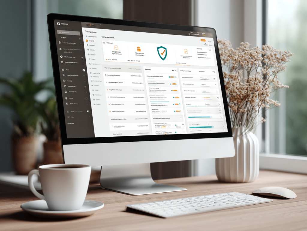Écran d'ordinateur affichant des données de performance web, avec une tasse de café et des fleurs en arrière-plan.