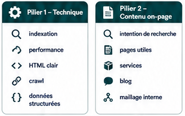 Illustration des signaux présents sur le site : pages, contenus, produits, services et données structurées.