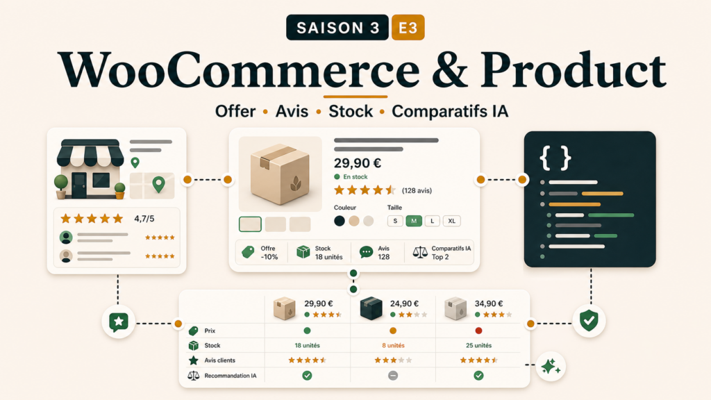 S3E3 – WooCommerce, Product, Offer et comparatifs IA : rendre les produits vérifiables