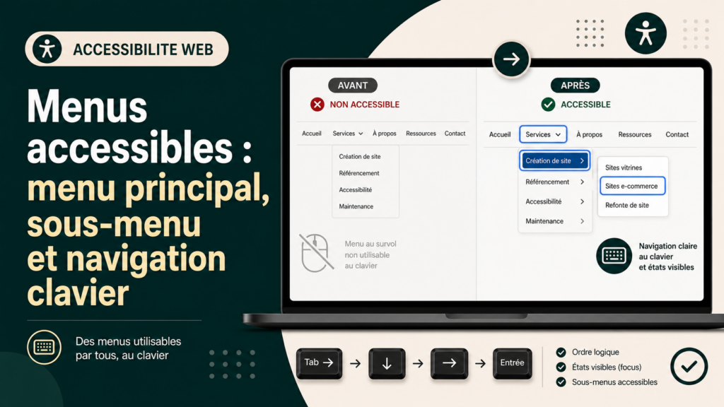 Menus accessibles : menu principal, sous-menu et navigation clavier