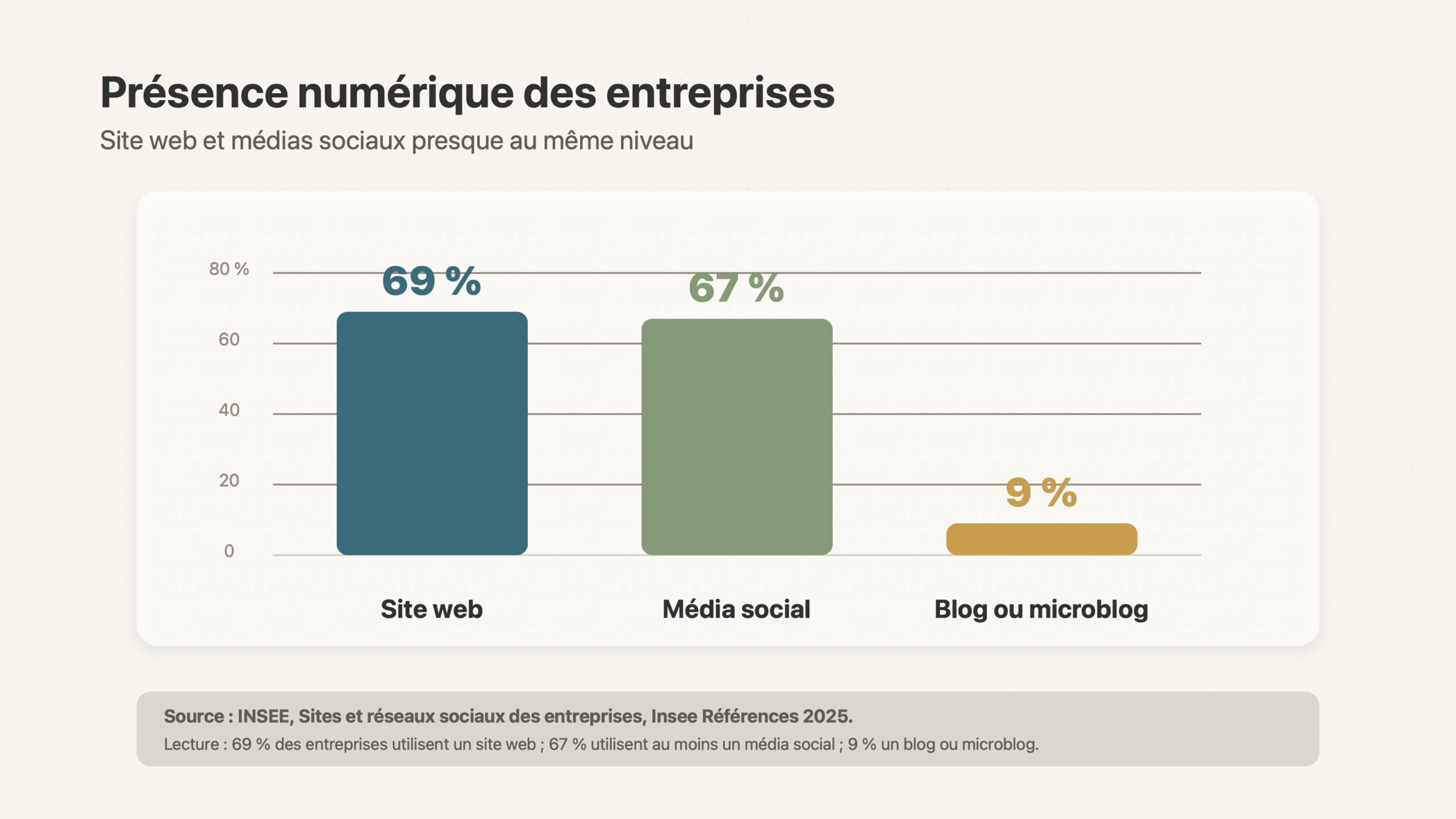 Graphique en barres sur la présence numérique des entreprises : 69 % utilisent un site web, 67 % utilisent au moins un média social et 9 % utilisent un blog ou microblog.