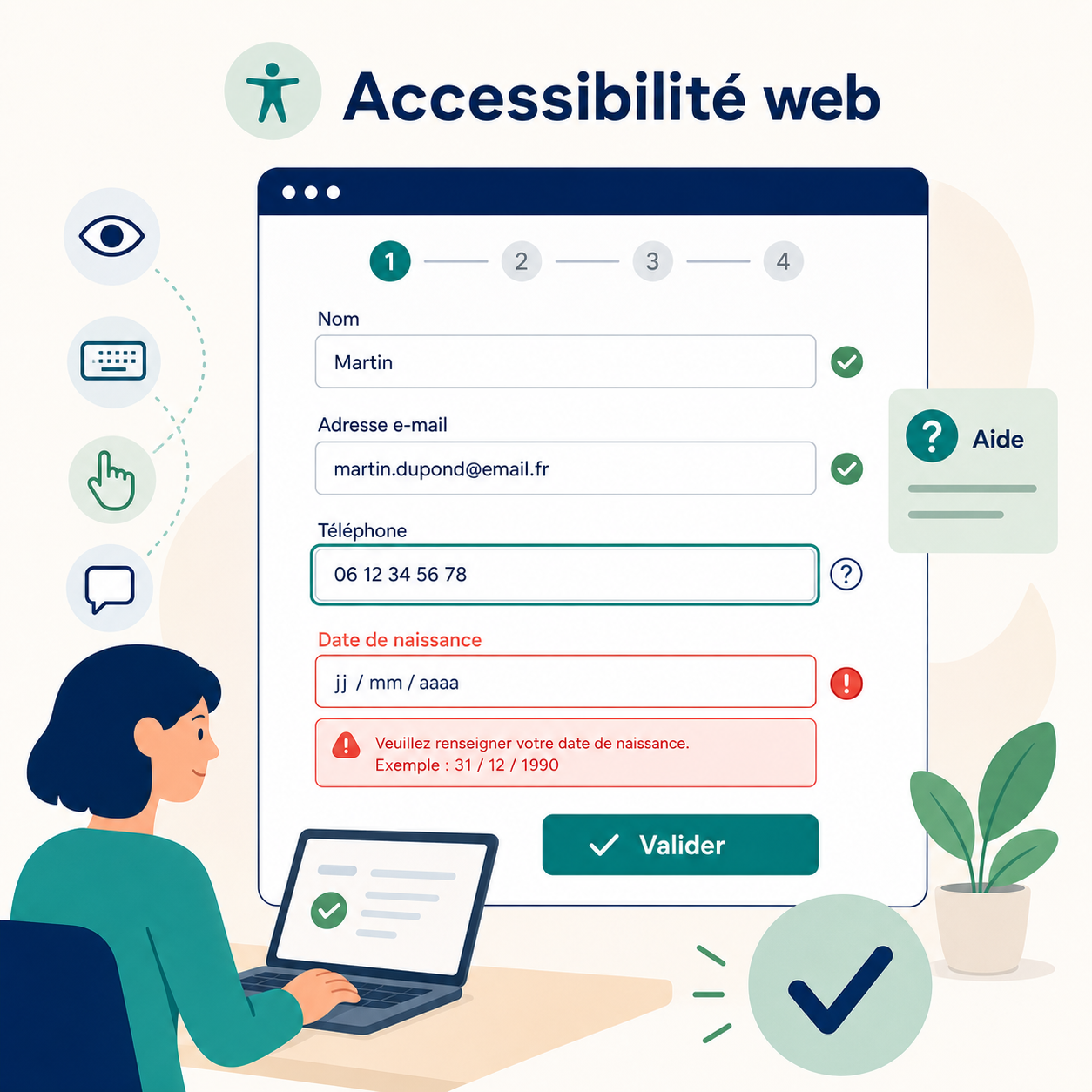 Illustration d’un formulaire en ligne avec aide de saisie, message d’erreur clair et bouton de validation.