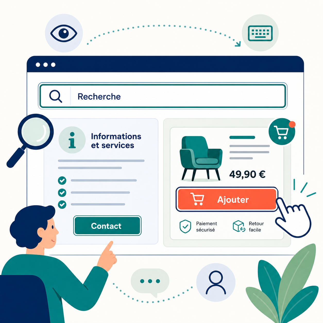 Illustration d’une recherche d’information et d’un achat en ligne sur une interface accessible.