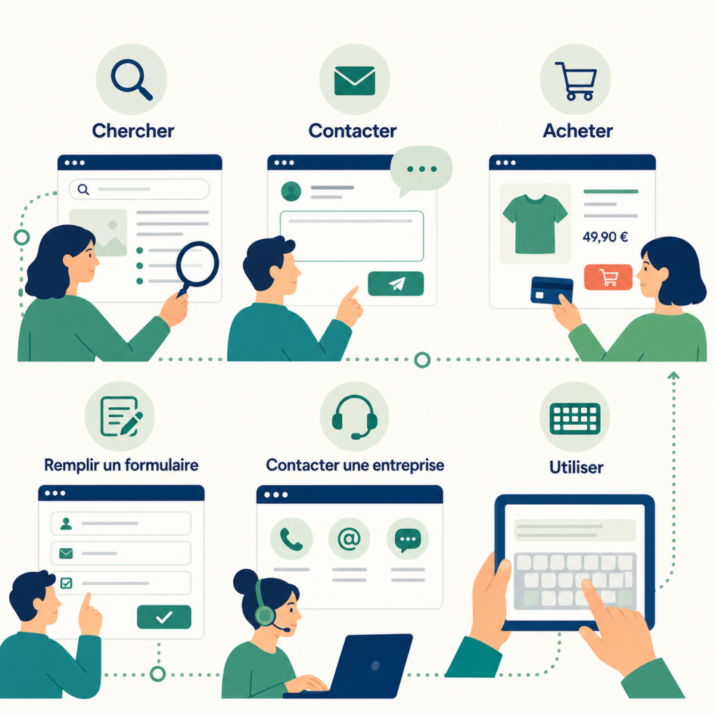 Illustration des usages numériques du quotidien : rechercher une information, envoyer un message, faire une démarche et acheter.