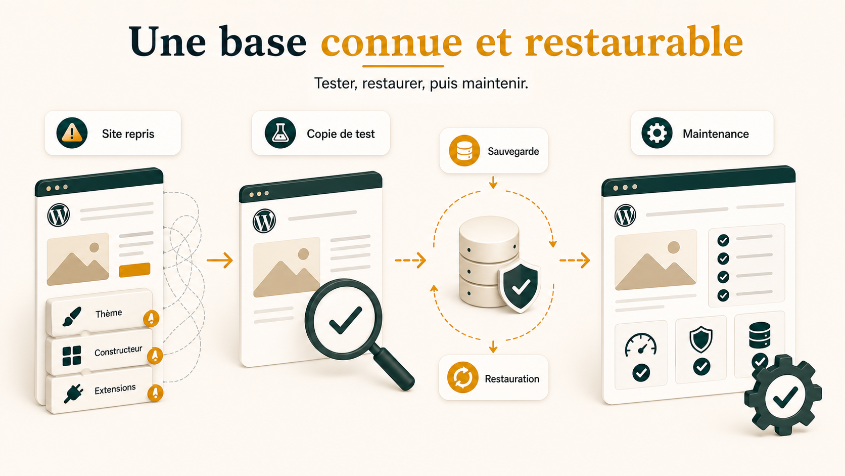 Schéma montrant un site WordPress repris, une copie de test, une sauvegarde, une restauration puis une maintenance sur une base connue.