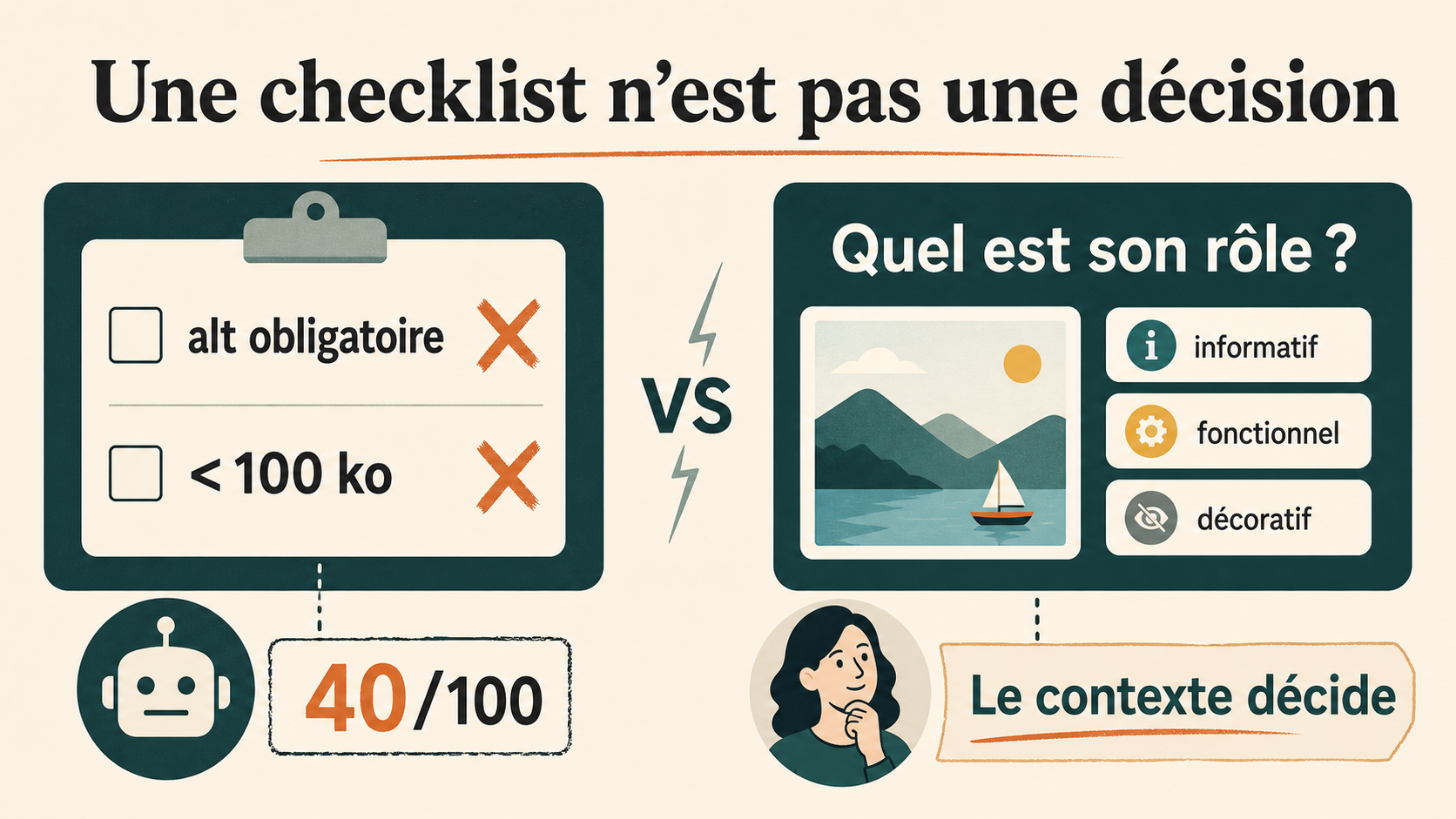 Checklist SEO opposant des règles automatiques à l’analyse du rôle informatif, fonctionnel ou décoratif de l’image.